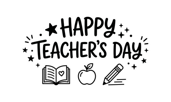Happy Teacher's Day typography vector design with black handwritten lettering, book, apple, and pencil icons