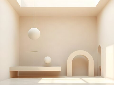 Minimalist Floating Ivory Geometric Forms in Soft Architectural Space