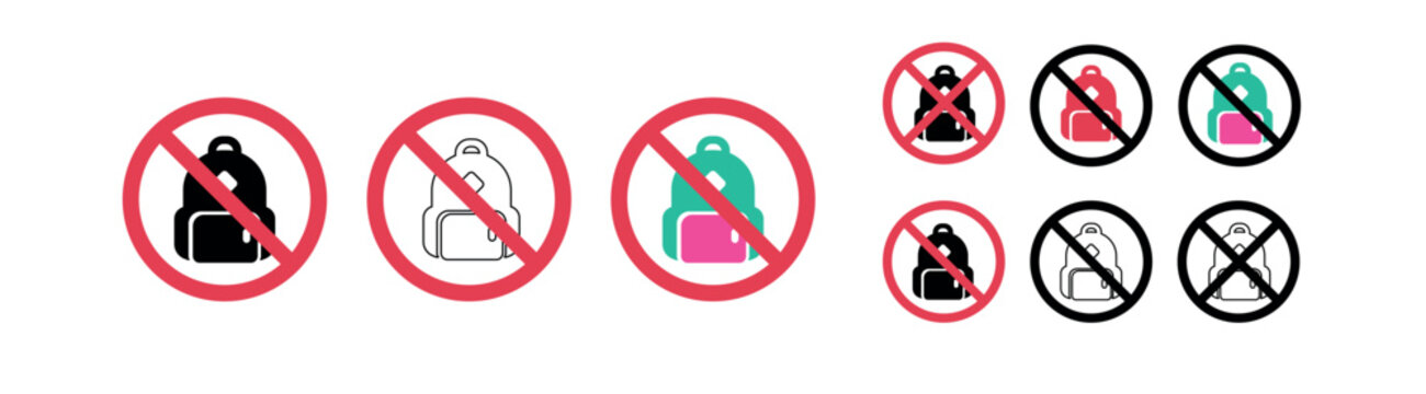 No backpack collection with prohibition signs and symbols.