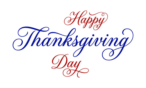 Happy Thanksgiving Day typography vector design with red and blue script lettering