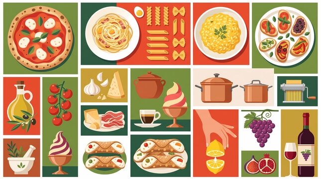 Italian Cuisine and Culinary Food Culture Flat Vector Illustration Set with Pizza, Pasta, Gelato, and Wine