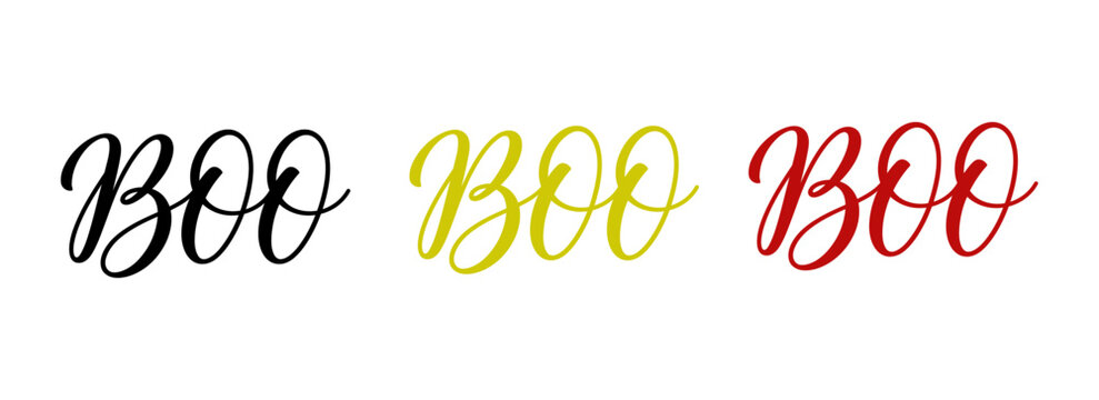 Boo typography vector design set in black yellow and red script lettering for halloween
