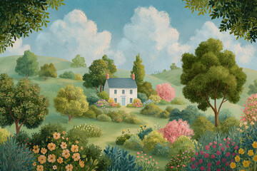 Fototapeta premium Idyllic countryside cottage nestled in a vibrant blooming garden, surrounded by green rolling hills and fluffy clouds