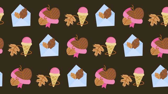 Seamless pattern of autumn mail envelope, ice cream cone with fall leaves, and heart ribbon on dark background animation for cozy autumn romance wallpaper and Thanksgiving backdrop design.