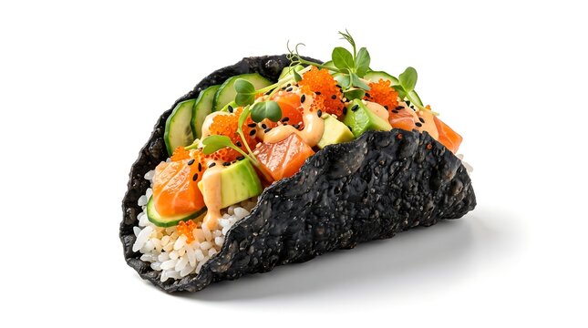 A delicious and colorful sushi taco filled with fresh salmon, avocado, cucumber, and rice, presented on a white background.