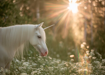 Fototapeta premium Majestic unicorn standing in fairytale landscape, Real white unicorn digital background, Realistic unicorn horse clipart cut out, Magic fairy animal Digital backdrop