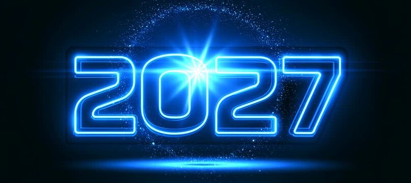 2027 blue neon sign. Bew year holiday. Generative video AI technology.	
