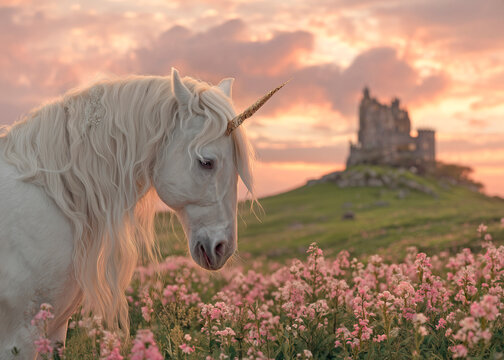 Majestic unicorn standing in fairytale landscape, Real white unicorn digital background, Realistic unicorn horse clipart cut out, Magic fairy animal Digital backdrop