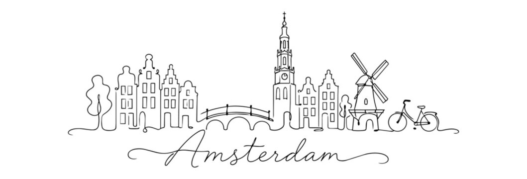 Amsterdam Skyline Continuous Line Art with Famous Dutch Landmarks