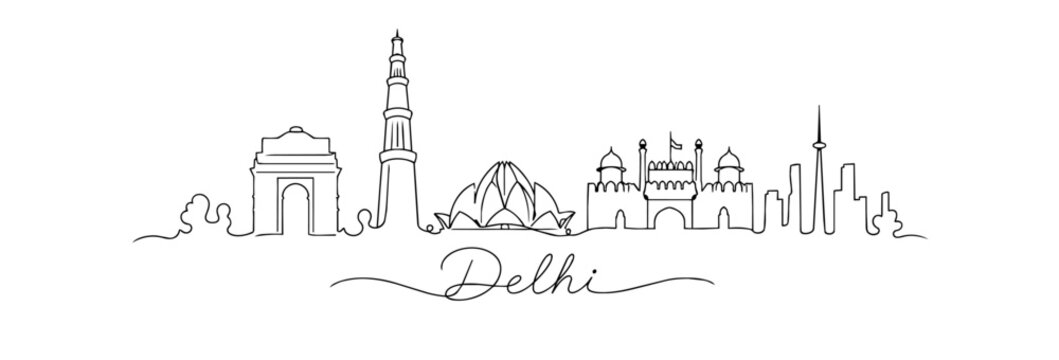 Delhi Skyline Continuous Line Art with Famous Indian Landmarks