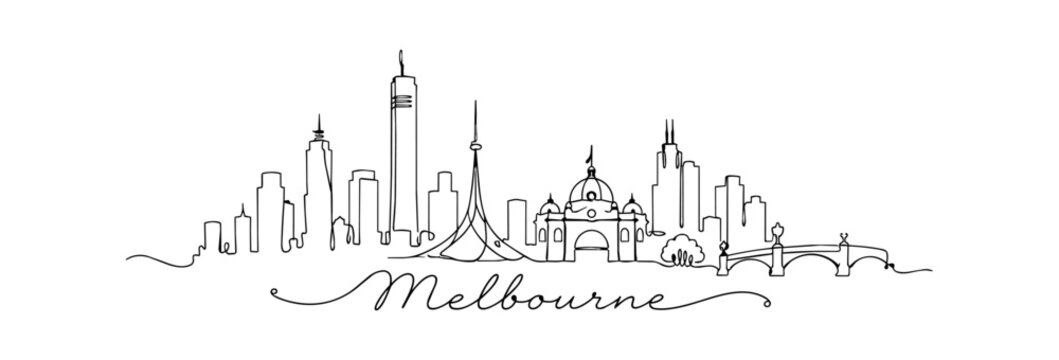 Melbourne Skyline Continuous Line Art with Famous Australian Landmarks
