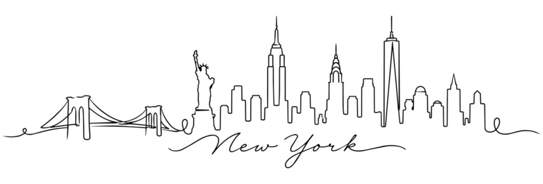 New York City Skyline Continuous Line Art with Famous Landmarks