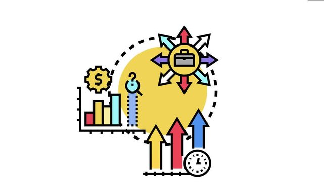 Business performance snapshot analyzing strategy. Finances. Opportunities. And challenges with increasing growth arrows. A money gear. A question mark. And a central briefcase radiating multiple paths