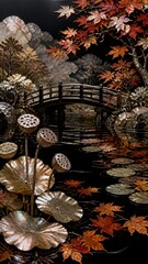 Obraz premium Mother-of-pearl inlay artwork of a tranquil Korean pond with autumn leaves