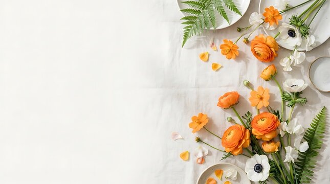 Beautiful orange flowers and green fern leaves arrangement on a light grey stone surface with copy space