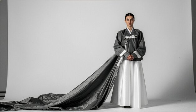 Young woman in elegant traditional Korean Hanbok with long train