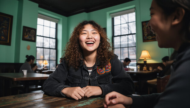 Happy friendship and dining concept with cheerful customer laughing while chatting with friend over coffee table in cozy cafe with soft indoor light and copy space