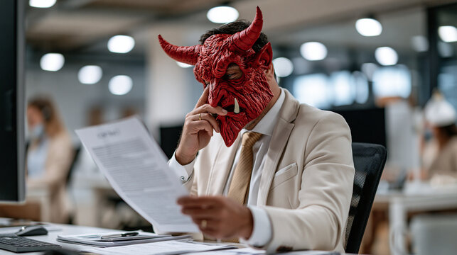 Businessman wearing a devil costume mask holding a contract for a halloween office celebration, bright clean well-lit corporate workplace, playful seasonal business concept, festiv
