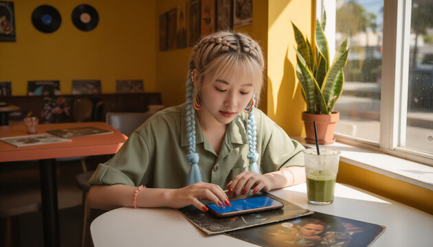 Digital nomad messaging on mobile phone while enjoying a refreshing iced matcha drink sitting by a sunny window inside a cozy colorful cafe with bright natural light and copy space