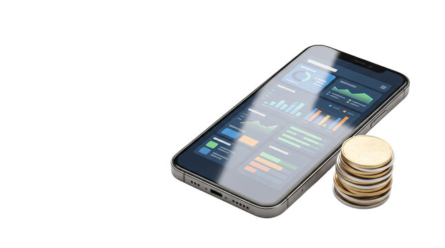 Smartphone displaying financial charts next to a stack of coins