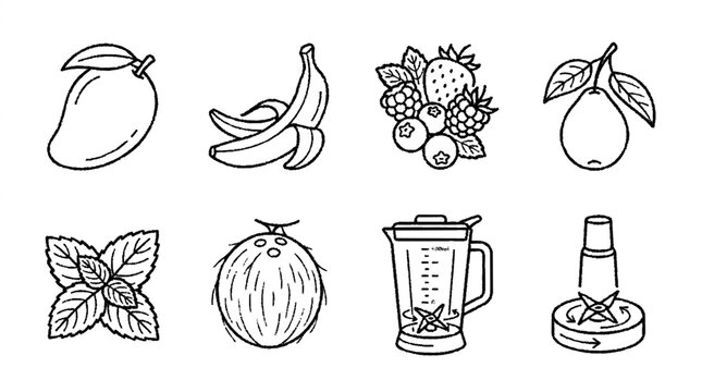 Set of hand drawn style outline fruit and smoothie preparation equipment vector icons collection with kitchen appliances smoothies