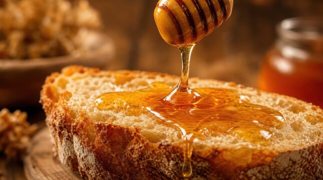 Golden honey drizzles onto a thick slice of rustic bread, highlighting a warm and inviting breakfast scene.