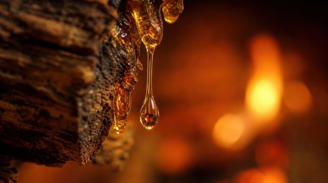 Golden Amber droplets of resin slowly drip from a piece of wood, glowing warmly against a blurred fiery background.