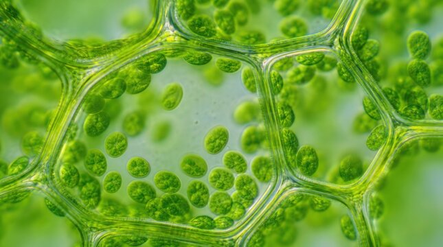 Close-up microscopic view of green algae cells showing detailed cell walls and chloroplasts.