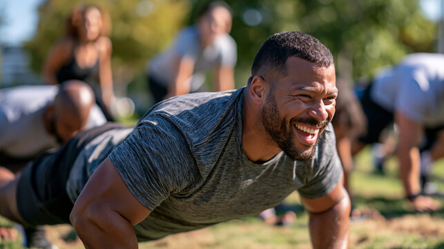 A small group of diverse friends of different body types do simple bodyweight exercises together on a park lawn, natural morning light, realistic genuine laughter and effort, authe