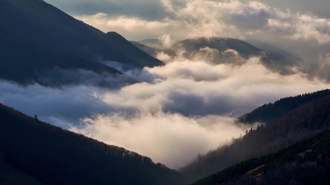 Morning Fog Rolling Through Mountain Valley Timelapse