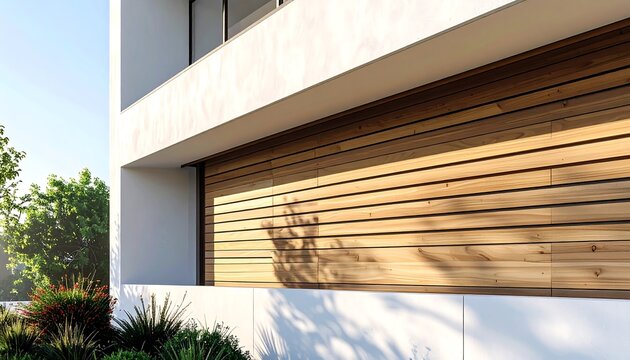 Angled perspective of a sleek modern villa facade featuring a horizontal wood slat garage door, wooden soffit canopy, and clean white rendered walls. Natural tree shadows fall on the wall and concrete