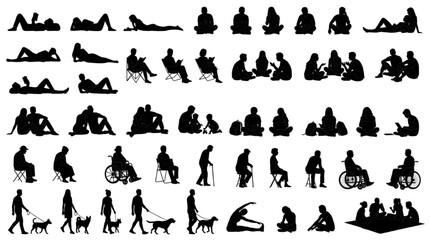 Fototapeta premium Pedestrian scale figure silhouette set for urban park streetscape entourage presentation graphic vector 