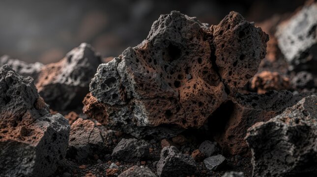 Close-up of porous volcanic rocks with rough textures, showcasing natural volcanic formations in earthy tones.