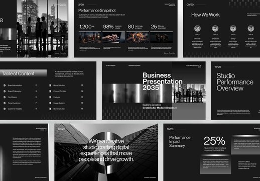 Dark Business Presentation Template with Black Background & Modern, Minimalist Dark Mode Hues