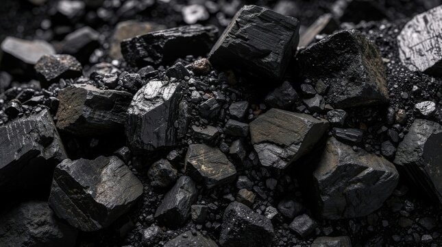 Shiny black coal chunks piled together, showing rough textures and reflective surfaces.