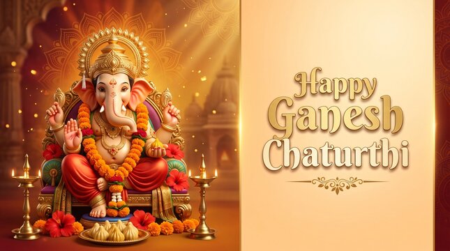 Golden Hindu Ganesha statue with Happy Ganesh Chaturthi festival greeting banner and glowing lights