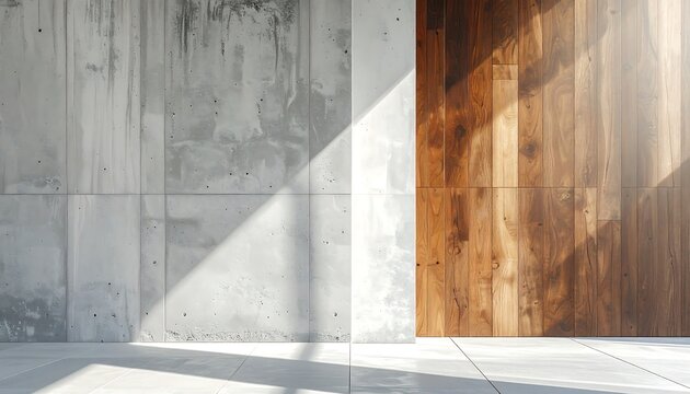 Straight-on close-up view of a sleek minimalist entrance showing a dark vertical wood panel door alongside a concrete wall with tie-rod holes. Strong diagonal harsh sunlight and tree shadows create dr
