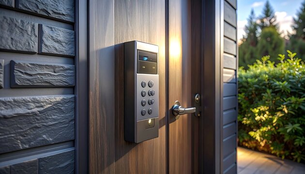 Angled close-up view of a modern smart door lock with a digital keypad and intercom system mounted on a wooden front entrance door. Dark grey brick wall siding, warm sunlight, and green garden foliage