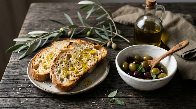 Toasted rustic bread slices with olive oil and fresh olives on a dark wooden table.
