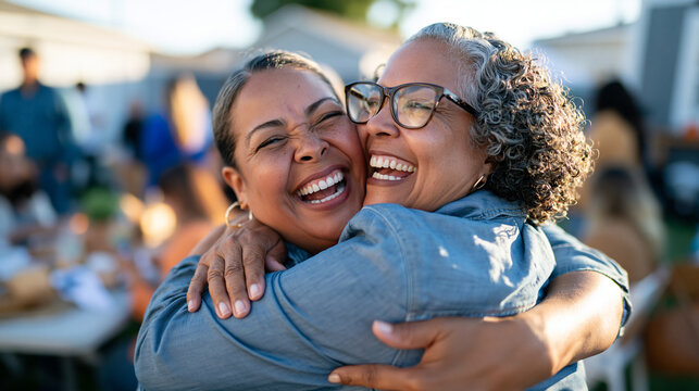 Documentary-style reunion photography, candid unposed moment. Two old friends embrace tightly at an outdoor gathering, genuine surprised and joyful expressions, natural daylight, r