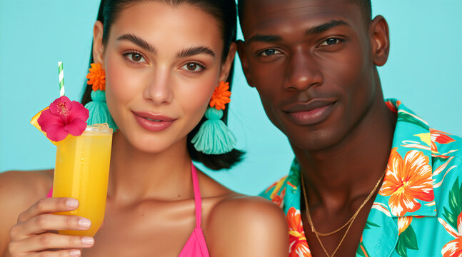 Couple with tropical cocktail on turquoise background. Woman and man in floral resort fashion. Summer vacation drink concept