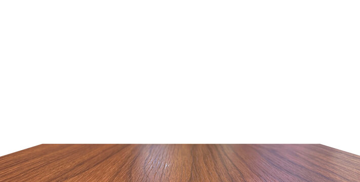 Empty wooden table top perspective isolated on white background, dark brown wood surface template for product display montage, food photography showcase mockup, rustic timber counter space.