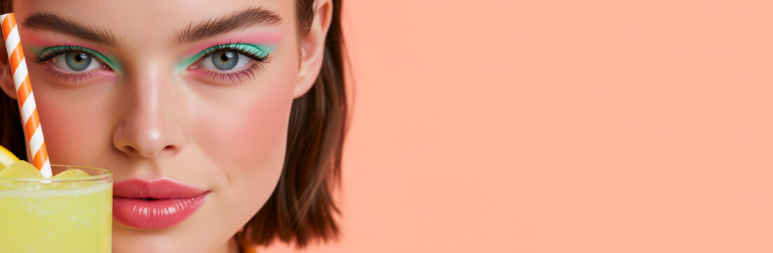 Portrait of a woman with pink and green eyeshadow. Summer fashion resort style with citrus drink. Mediterranean vacation concept