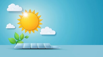 Fototapeta premium Sustainability Energy Efficiency Icon Solar panel with a bright sun and green leaves, blue sky background, symbolizes clean energy and sustainable power generation