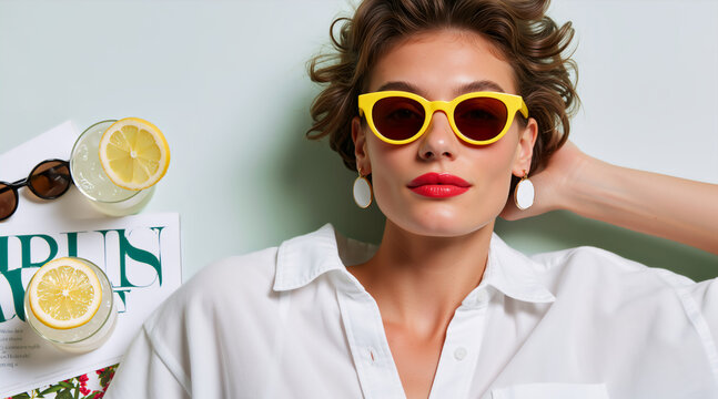 Woman lying on blue background with red lipstick and lemonade. Summer fashion flat lay. Mediterranean resort style
