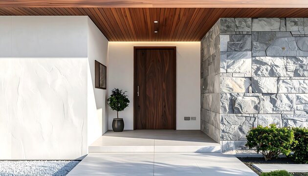 Straight-on front entrance view of a modern house featuring a dark wood door, wooden ceiling soffit with LED strip light, stone wall accent, and potted plant.