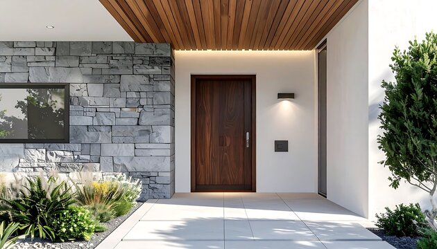 Straight-on front entrance view of a modern house featuring a dark wood door, wooden ceiling soffit with LED strip light, stone wall accent, and potted plant.