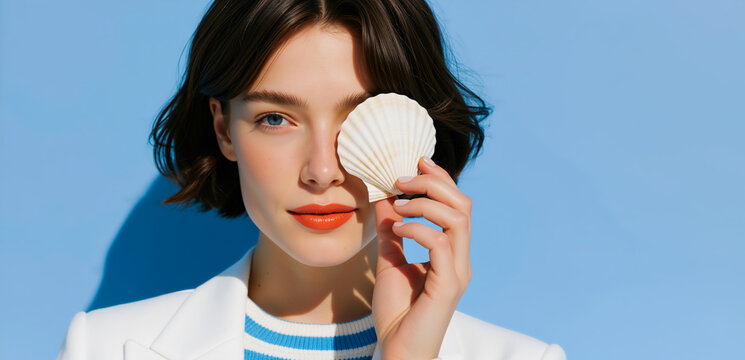 Woman with short hair holding seashell over eye against blue sky. Nautical fashion portrait in white blazer. Mediterranean vacation concept