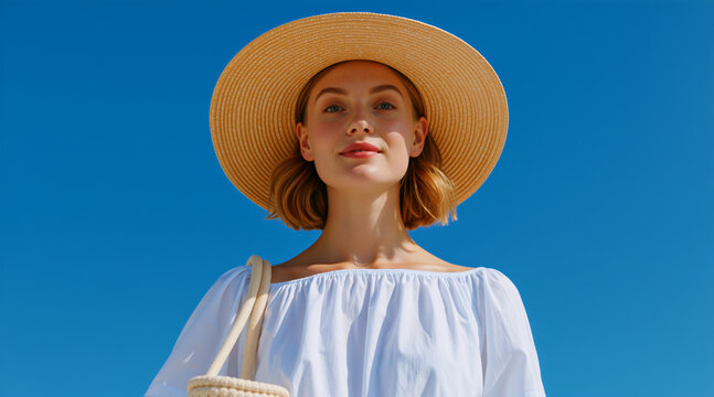 Woman in straw hat and white top against blue sky. Summer vacation fashion portrait. Mediterranean resort style