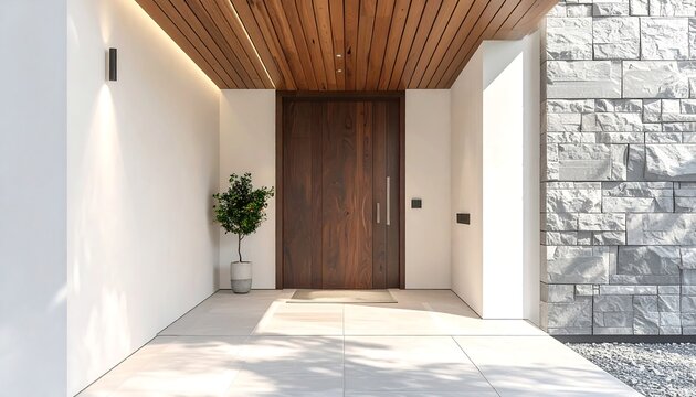 Straight-on front entrance view of a modern house featuring a dark wood door, wooden ceiling soffit with LED strip light, stone wall accent, and potted plant.